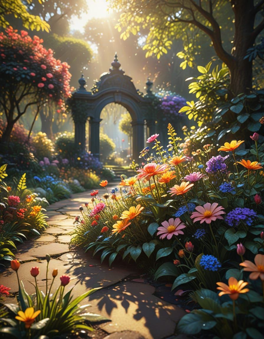 Vibrant Oil Painting of a Blooming Garden on National Public...