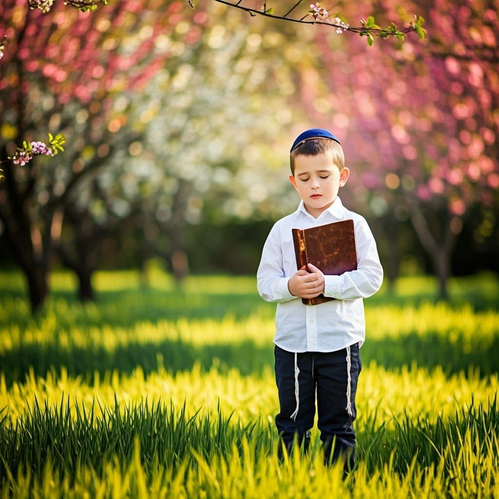 Young Boy Recites Birkat Ilanot in a Vibrant Spring Garden
