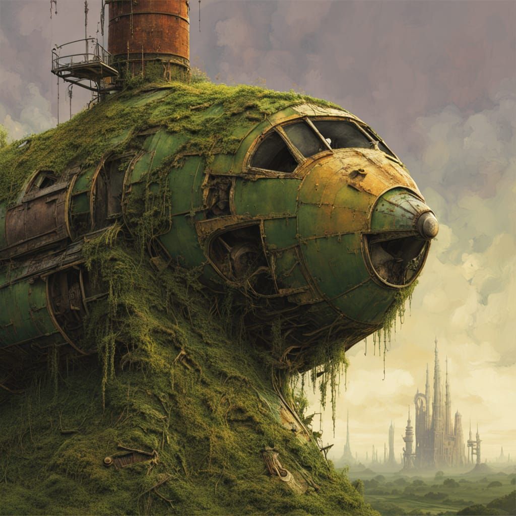 Overgrown Rocket Ship in Retro Sci-Fi Oil Painting