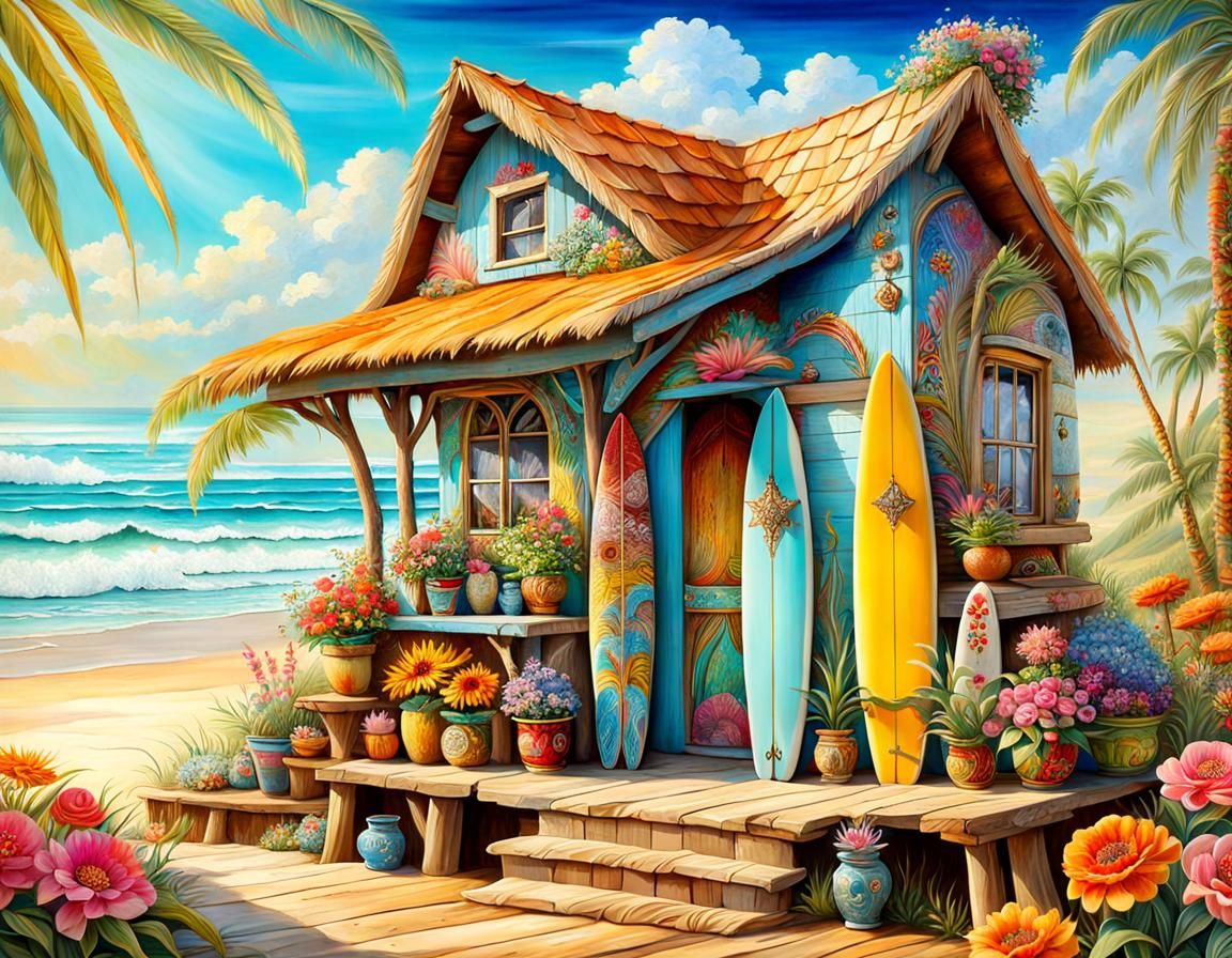 Colorful Surf Shack with Surfboards and Flowers