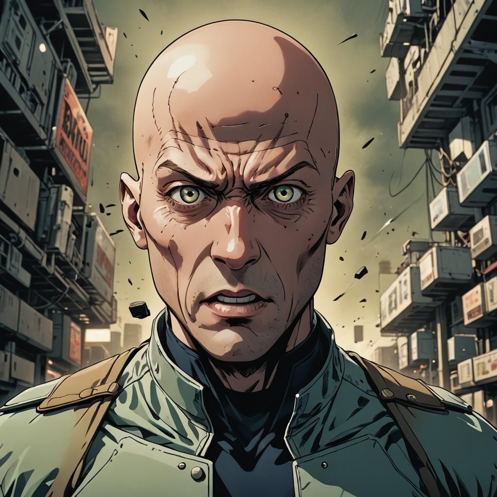 Startled Bald Anime Character in Comic Book Style