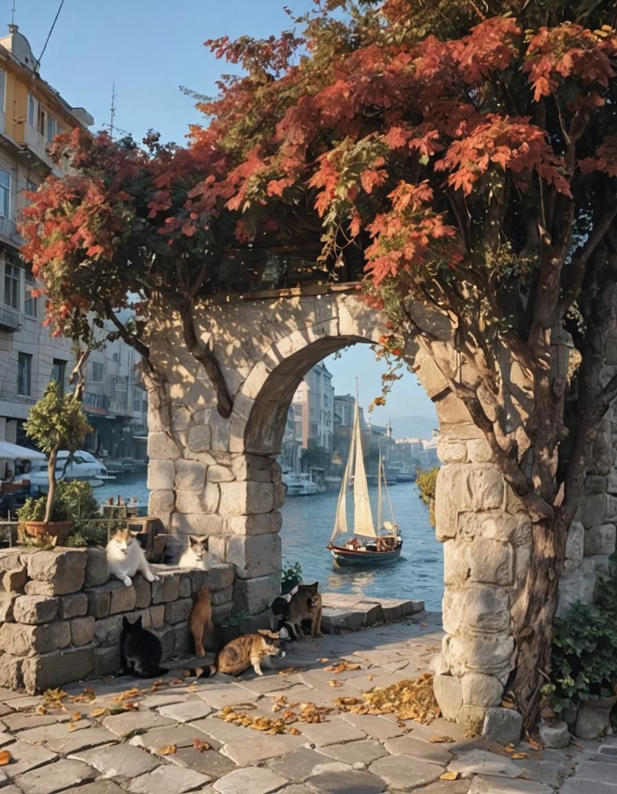Cats on a Boat in Istanbul, Impressionistic Style