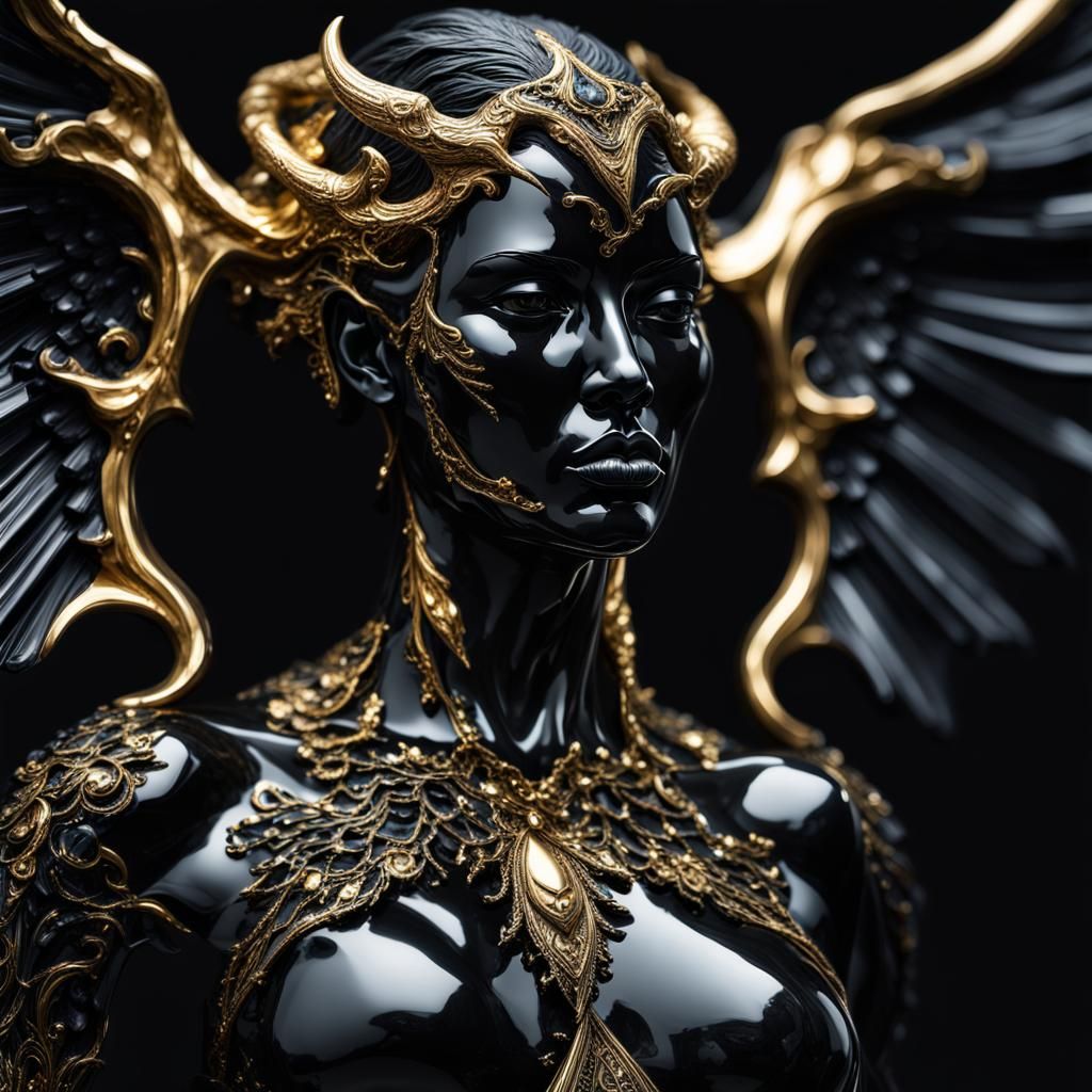 Obsidian Angel Demon Sculpture in HDR