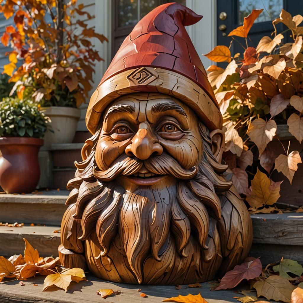 Hyperrealistic Cherry Wood Gnome Sculpture on Porch