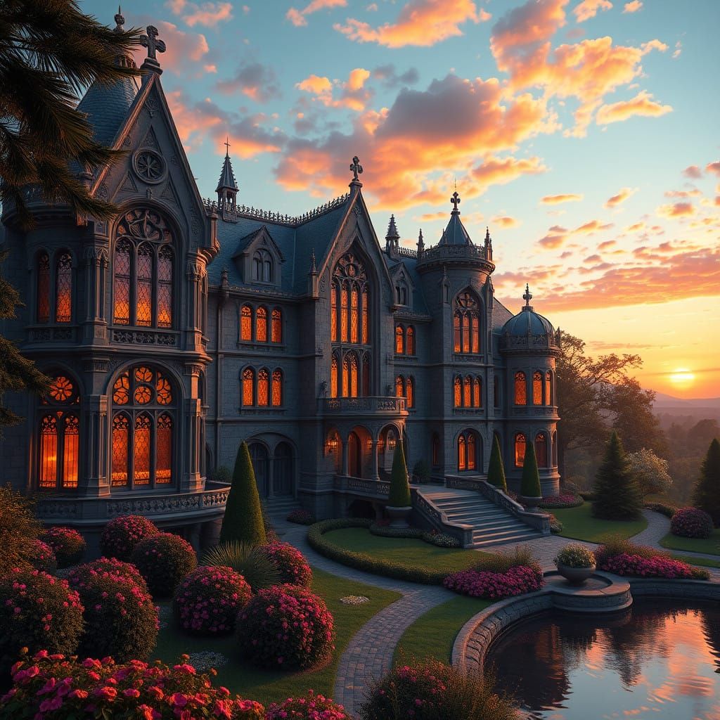 Luxury Gothic Mansion at Sunset