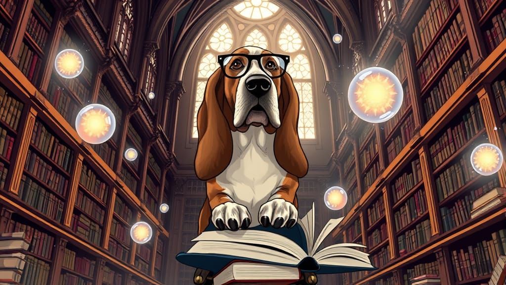 Scholarly Basset Hound in Magical Library