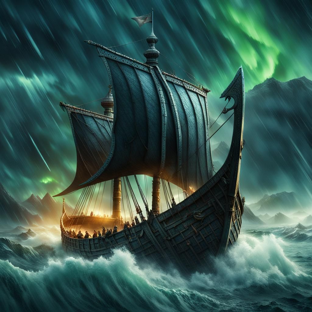 Viking Drakkar Amidst Storm and Aurora Borealis