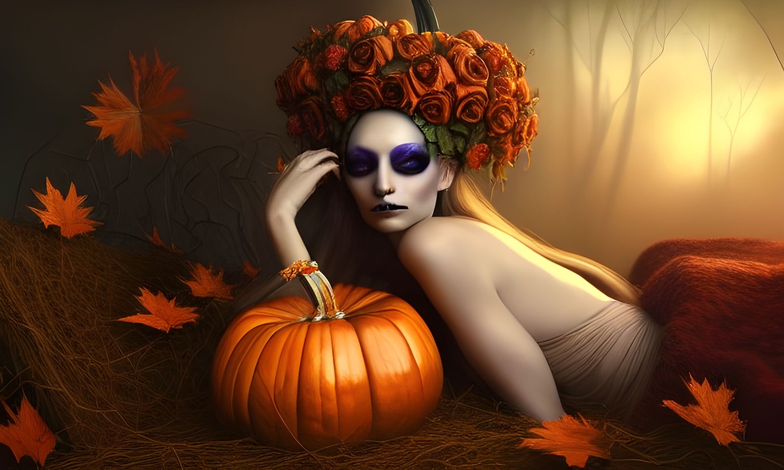 Gorgeous Fairy on Pumpkin Pile, Photorealistic Illustration