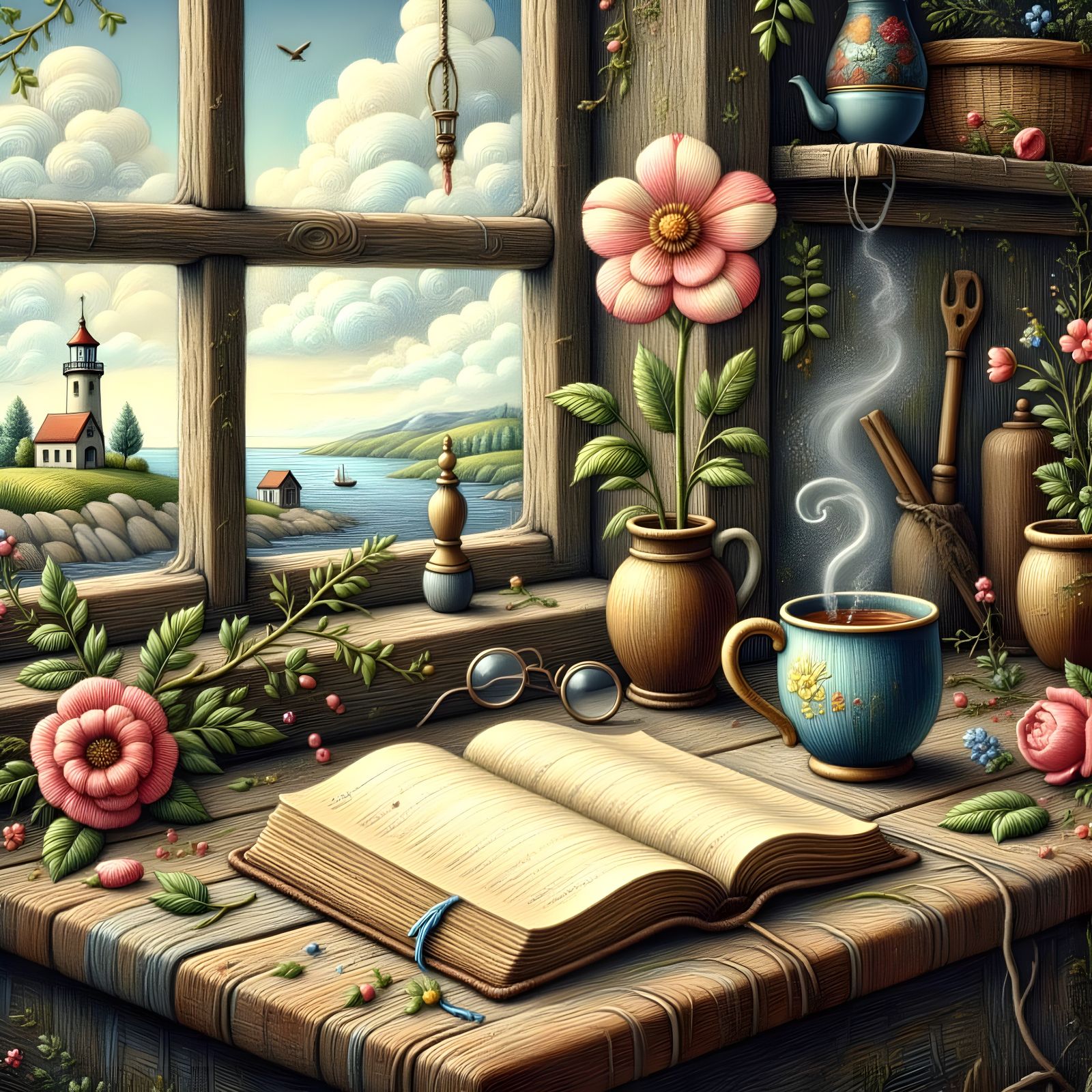 A vintage, oil-painted still life…