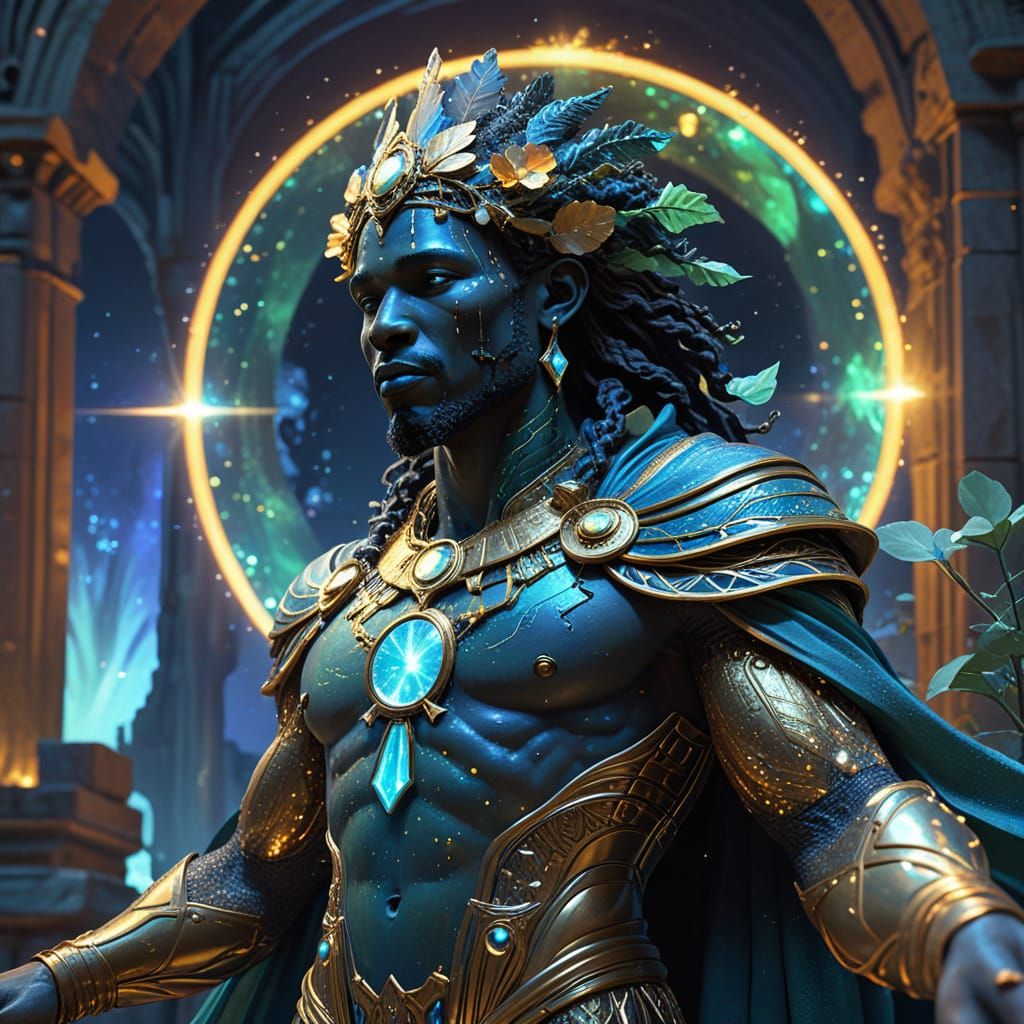 African Aurora God on Floating Island as Digital Art