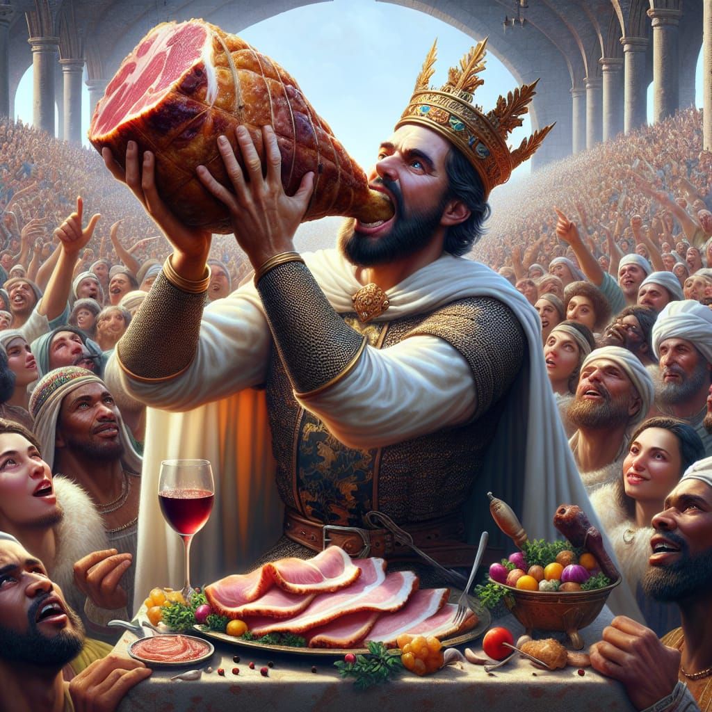 King Savoring Ham Hork, Cheering Crowd, Matte Painting