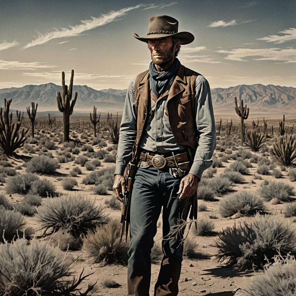 Cowboy in Western Landscape with Tumbleweed