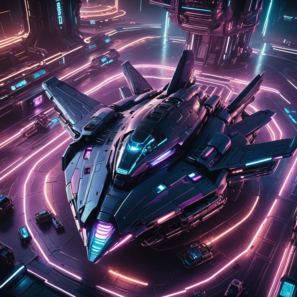 Cyberpunk Starship at Futuristic Spaceport in Neon Light