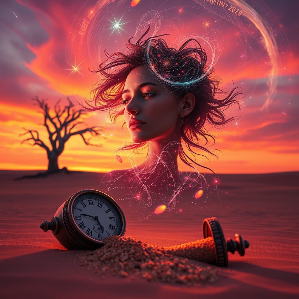 Radiant Soul Amidst Desert Meteor Shower in Vibrant Colors