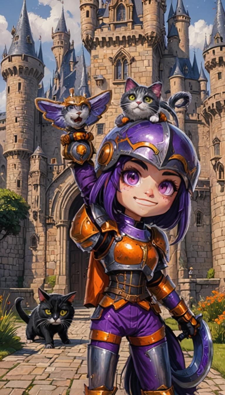Girl Knight with Cat in Fantasy Castle