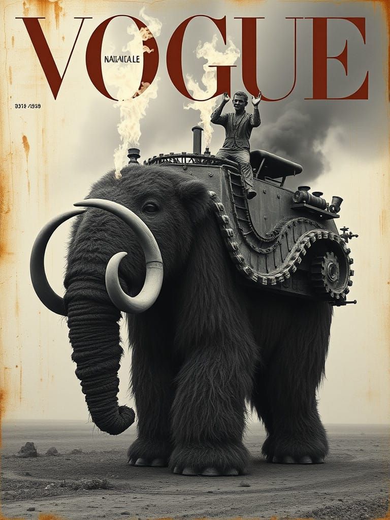 Surreal Fine Art Image of a Wooly Mammoth in a Futuristic Ri...