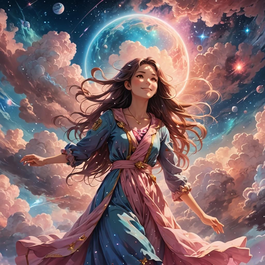 Anime Woman Falling Through Cloud Nebulas