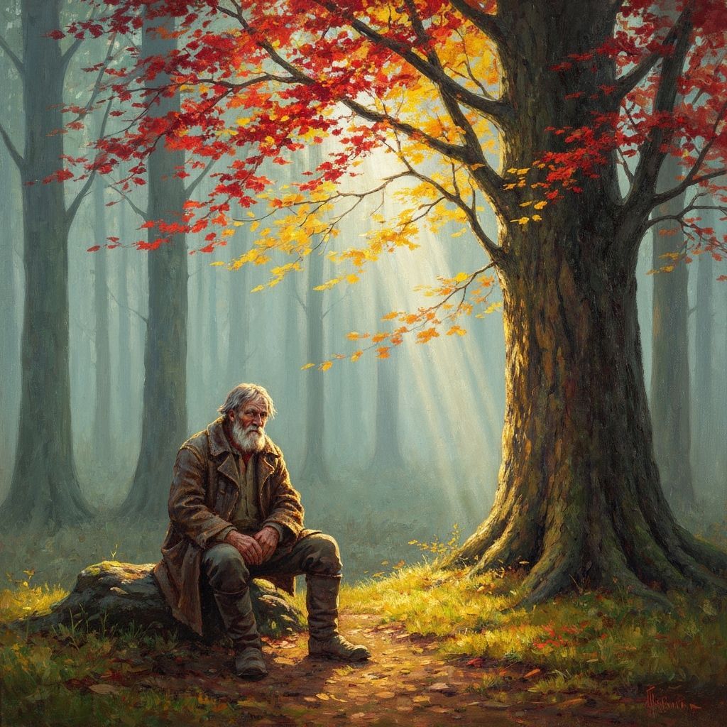 Old Man by Glowing Tree in Misty Forest