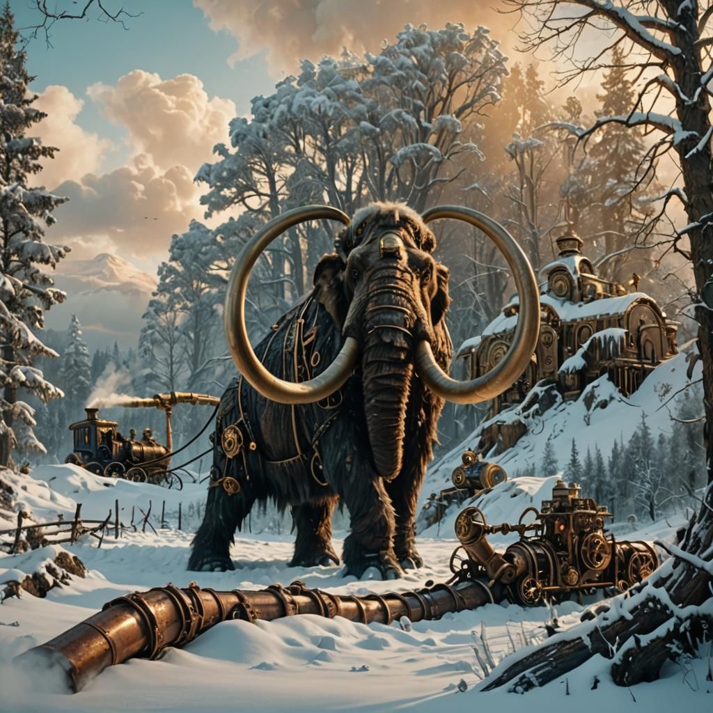 Steampunk Mammoth in Snowy Forest with Engine