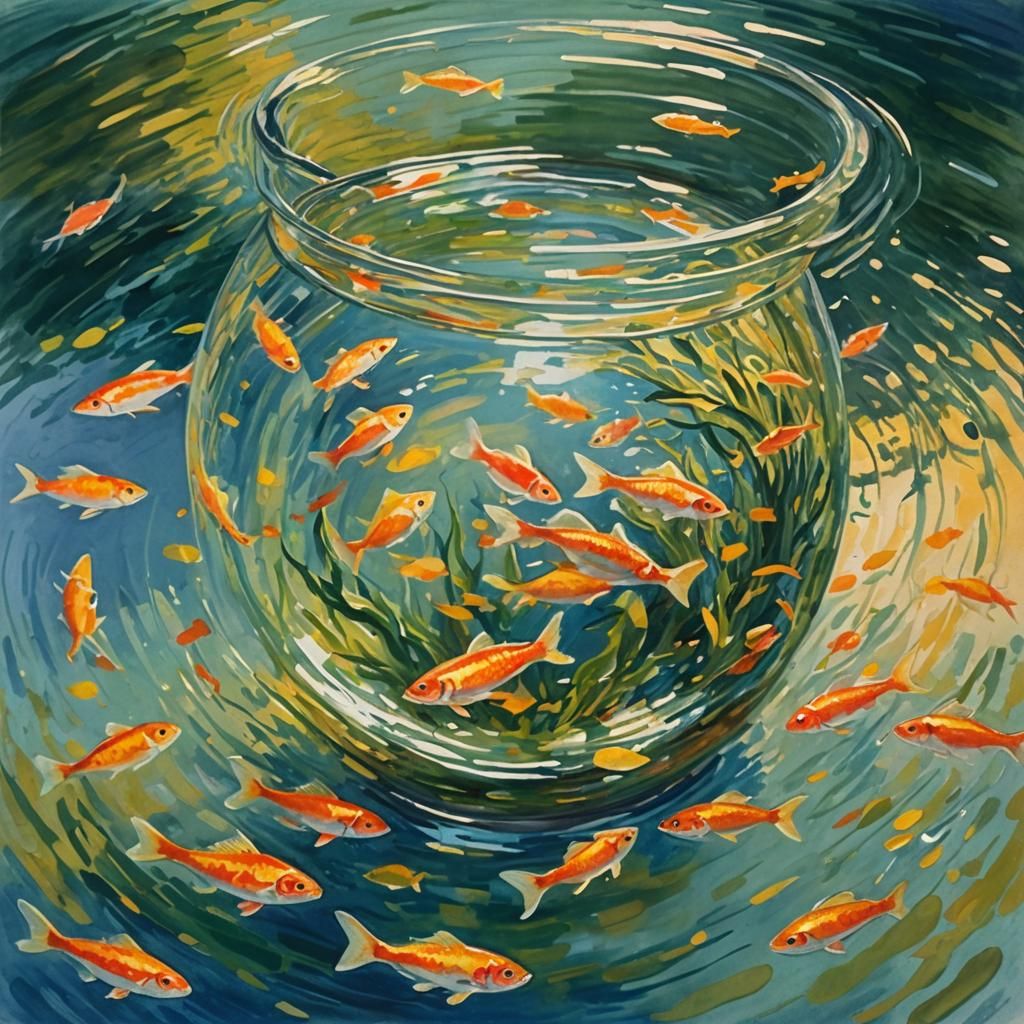 Fish in Bowl Gouache Watercolor Impasto Painting