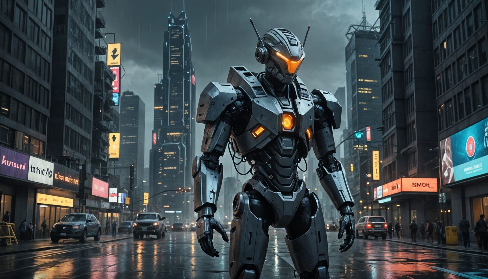 Mech in Rainy Futuristic Cityscape