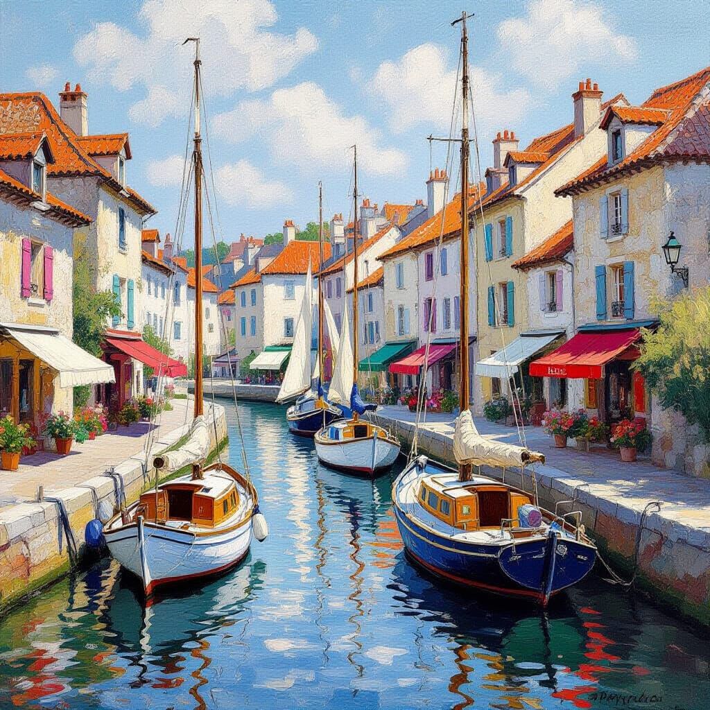 Impressionistic Sailboats in a French Port