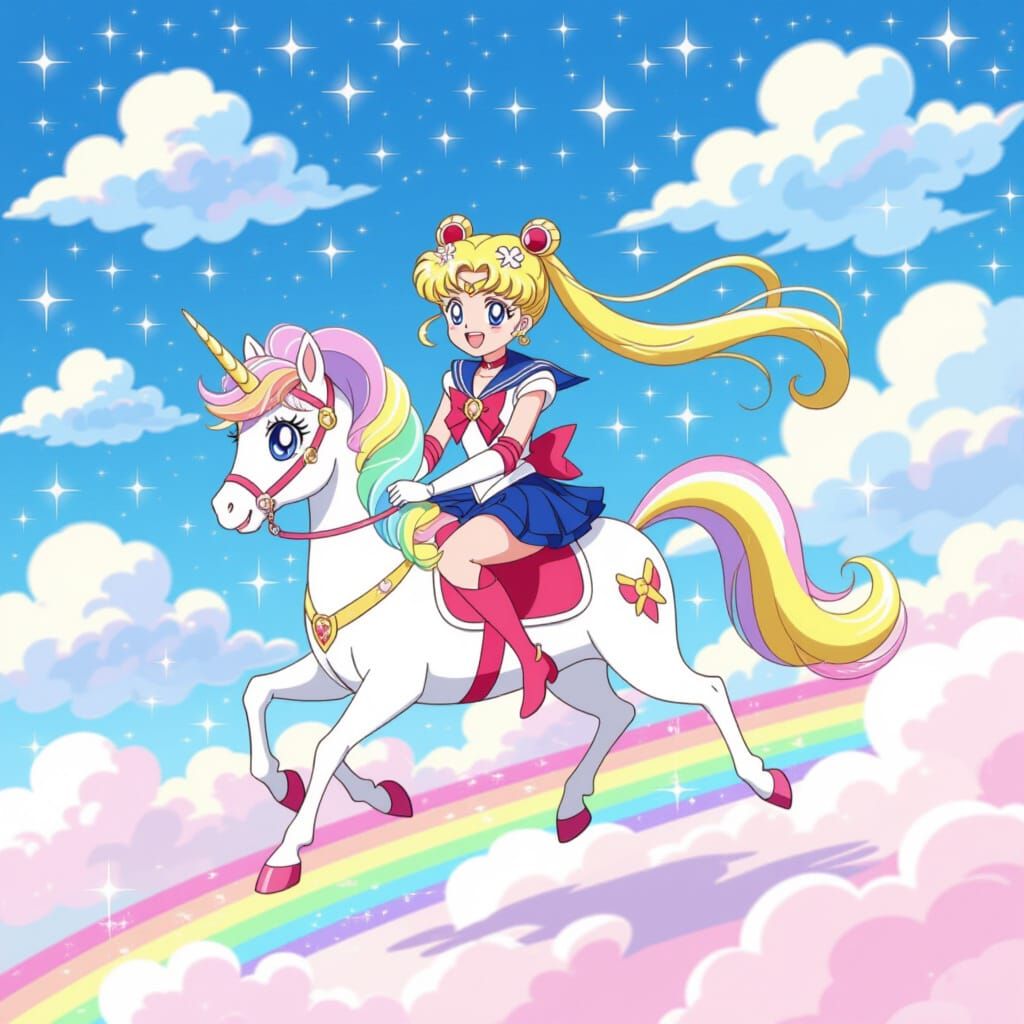 Sailor Moon Rides a Unicorn Through a Pastel Sky