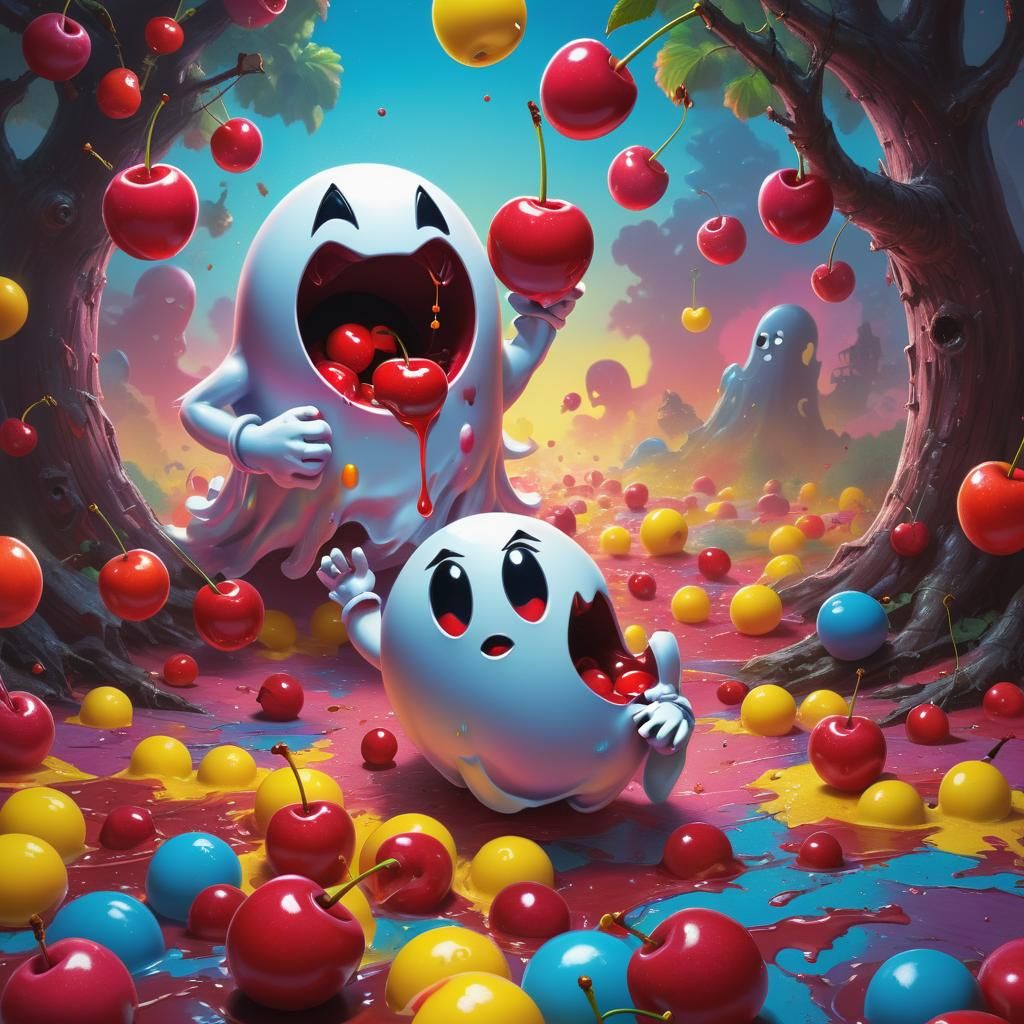 Pacman Eats Cherry in 80's Game Poster Art