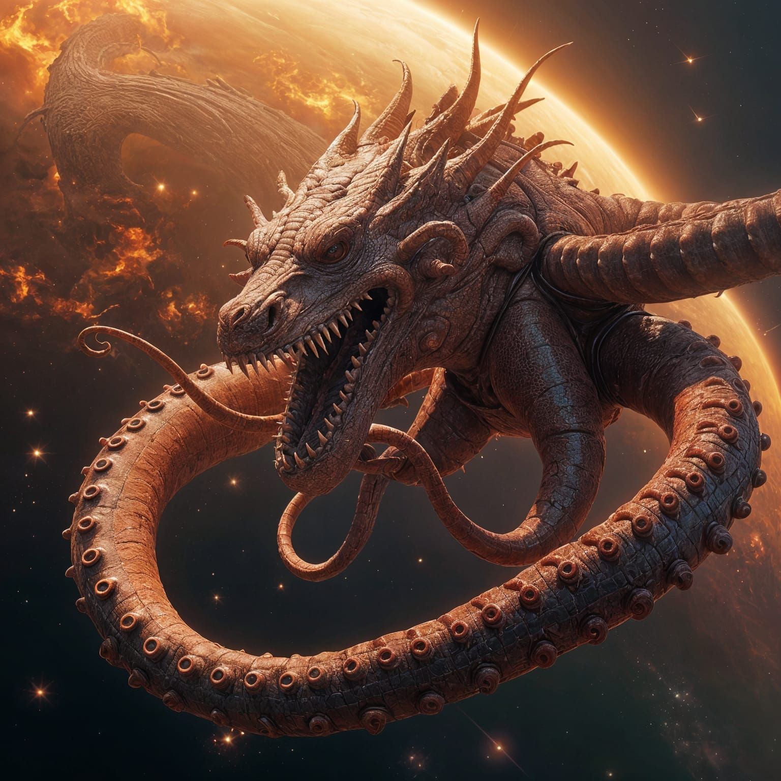 Fiery Space Dragon Serpent in Space Station