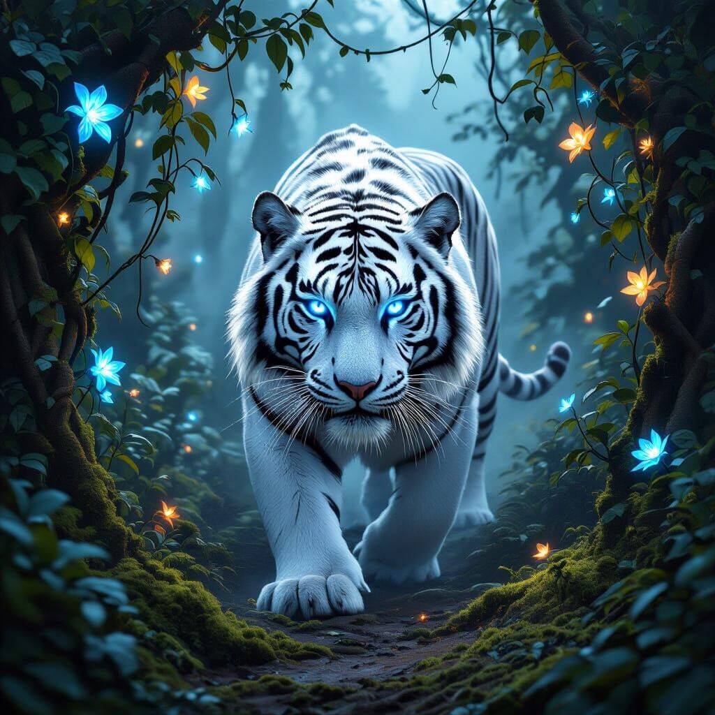 White Tiger Prowls Bioluminescent Jungle at Twilight