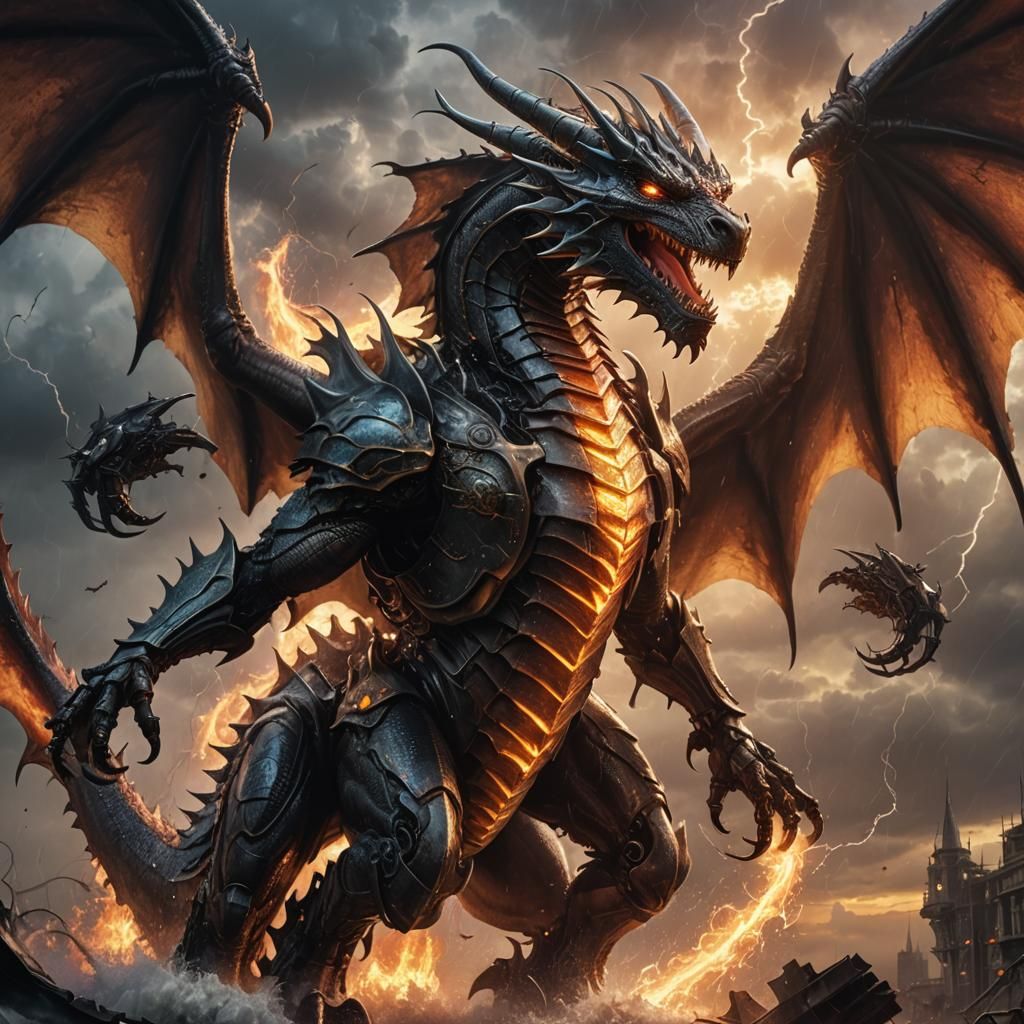 Mecha Knight Rides Dragon Through Stormy Sunset