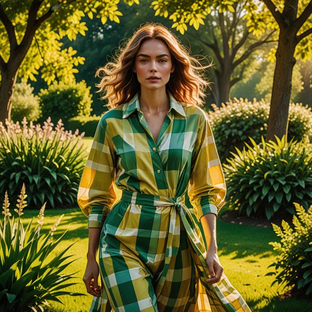 Woman in Gingham Outfit in Sun-Drenched Garden