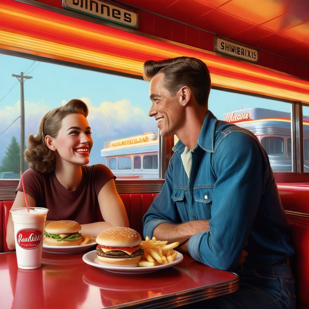 American Diner Scene with Heavenly Landscape
