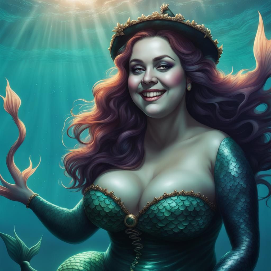 Chubby Mermaid Witch in Elaborate Ocean Scene