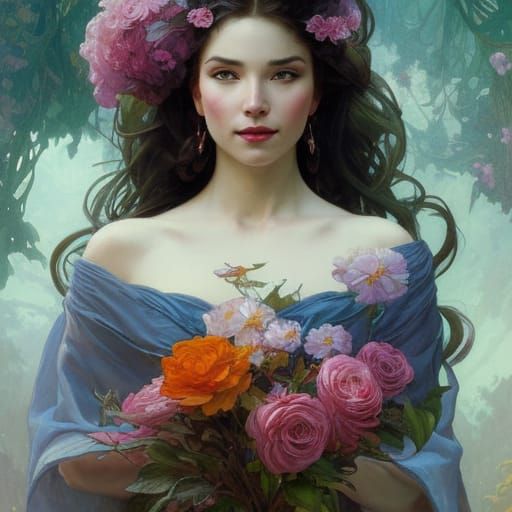 Mysterious Woman with Flowers, Art Nouveau Style