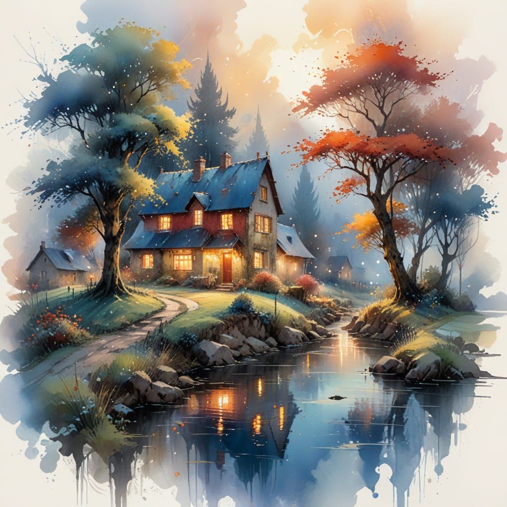 Whimsical Watercolour Village in Autumn