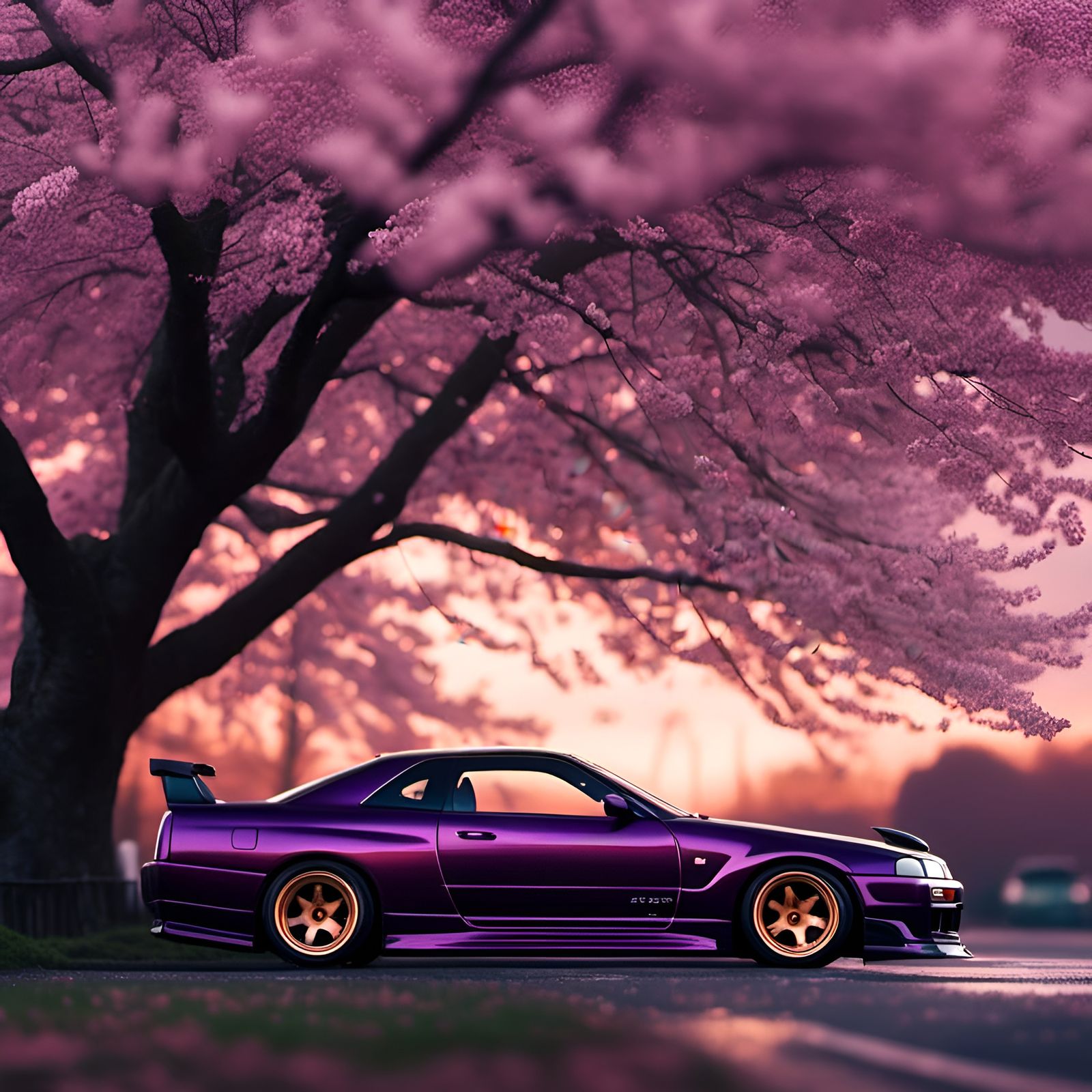 Purple Nissan Skyline GT-R with Cherry Blossoms