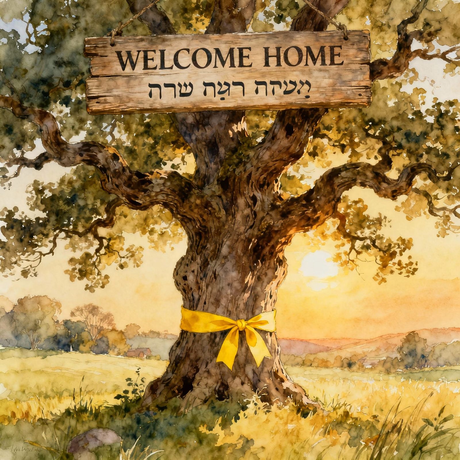 Welcome Home Oak Tree with Yellow Ribbon in Watercolor Style