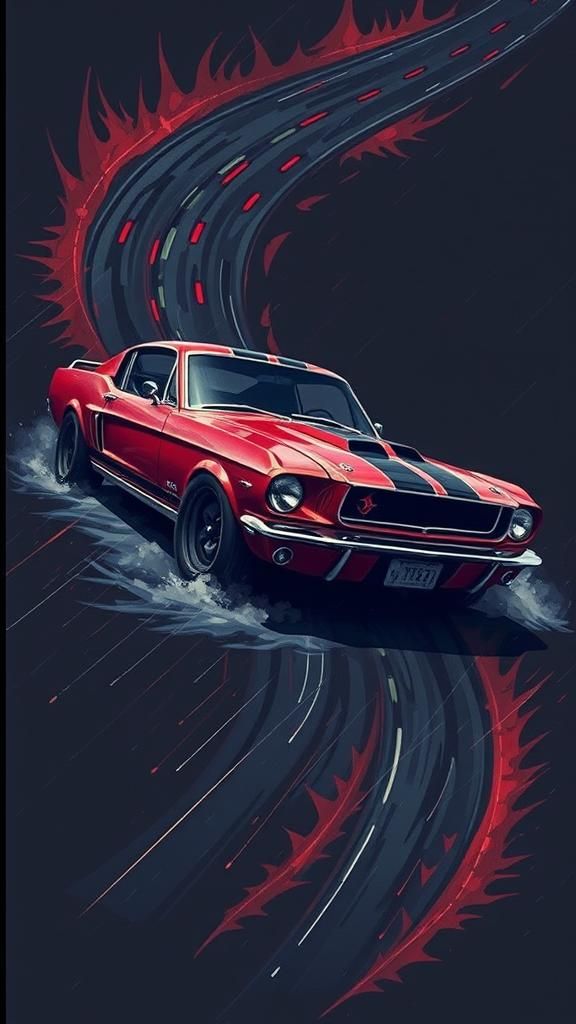 A sleek, high-performance muscle car with vibrant neon accents, speeding down a dark, rain-soaked highway