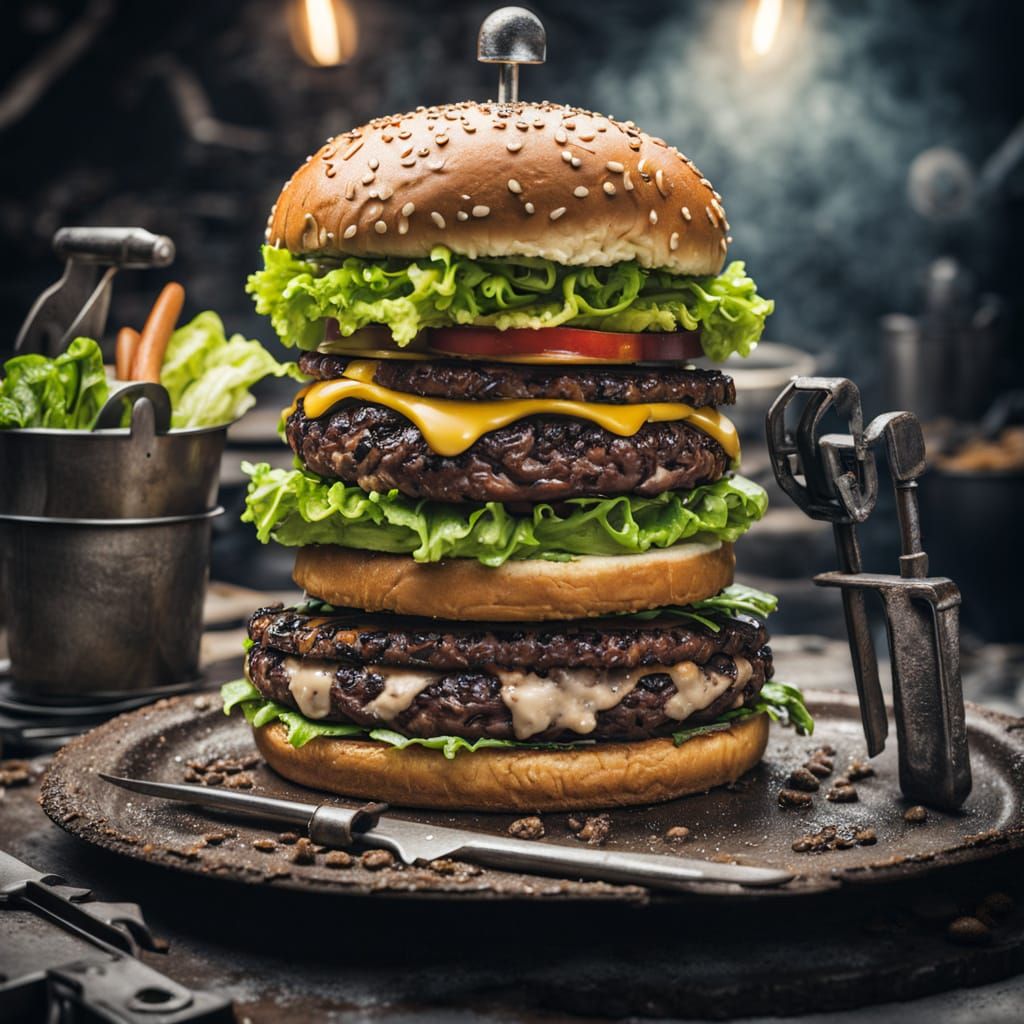 “The Toolbox Burger”： A towering hamburger with lettuce made...