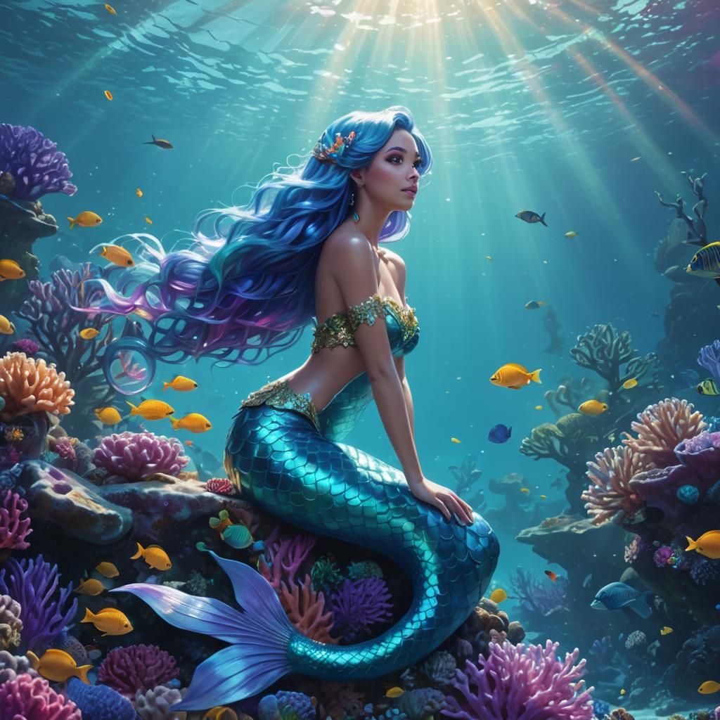 Blue-Haired Mermaid in Vibrant Coral Reef Splash Art