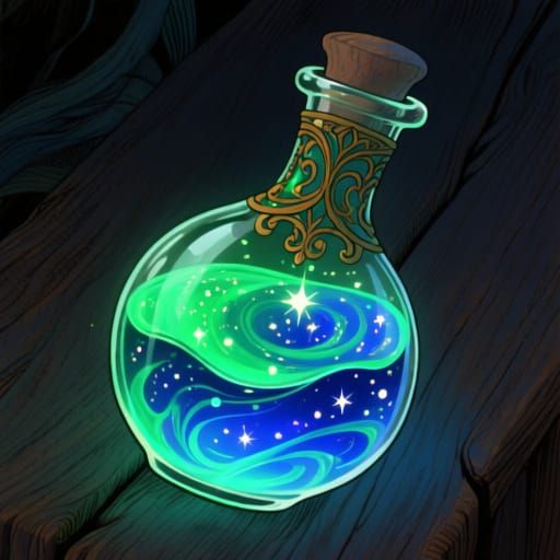Ornate Vial of Luminescent Potion, Whimsical Illustration