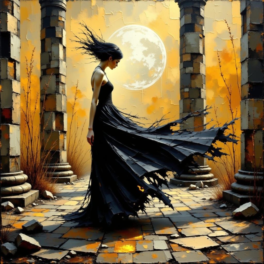 Woman in Black Dress Amidst Abstract Ruins