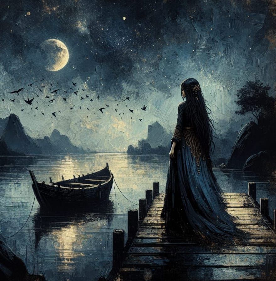 Mysterious South Asian Enchantress on a Midnight Dock