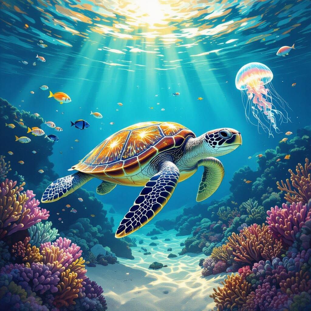 Bioluminescent Turtle in Ghibli-esque Underwater Scene