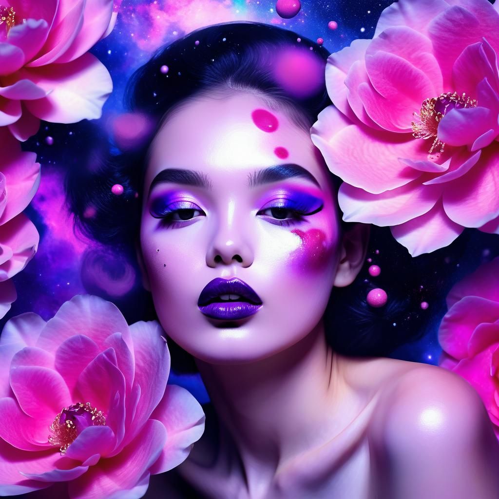 Girl with Purple Lipstick and Camellias
