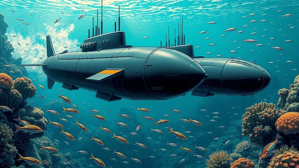 Underwater Submarine Chase in Comic Book Style