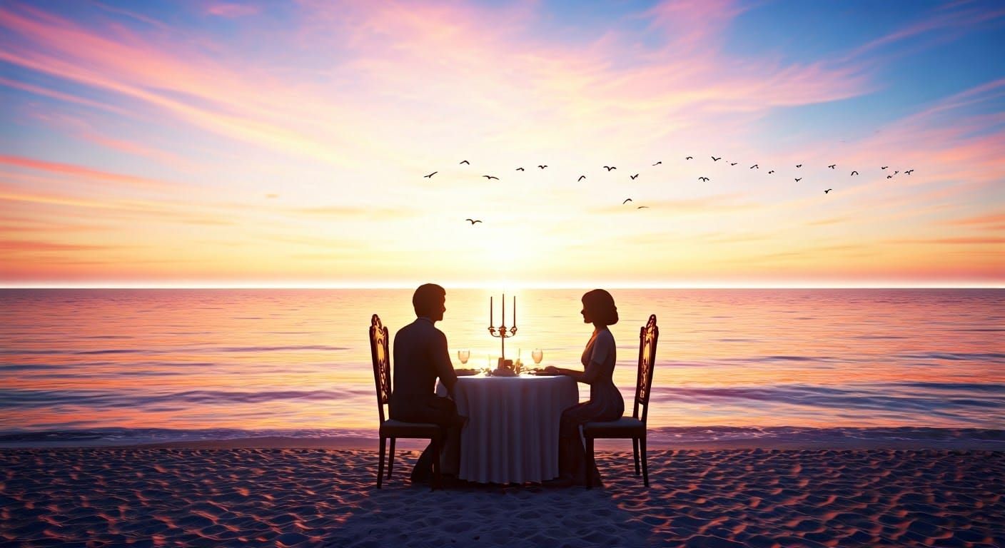 Romantic Seashore Dinner at Sunset in Dreamy Style