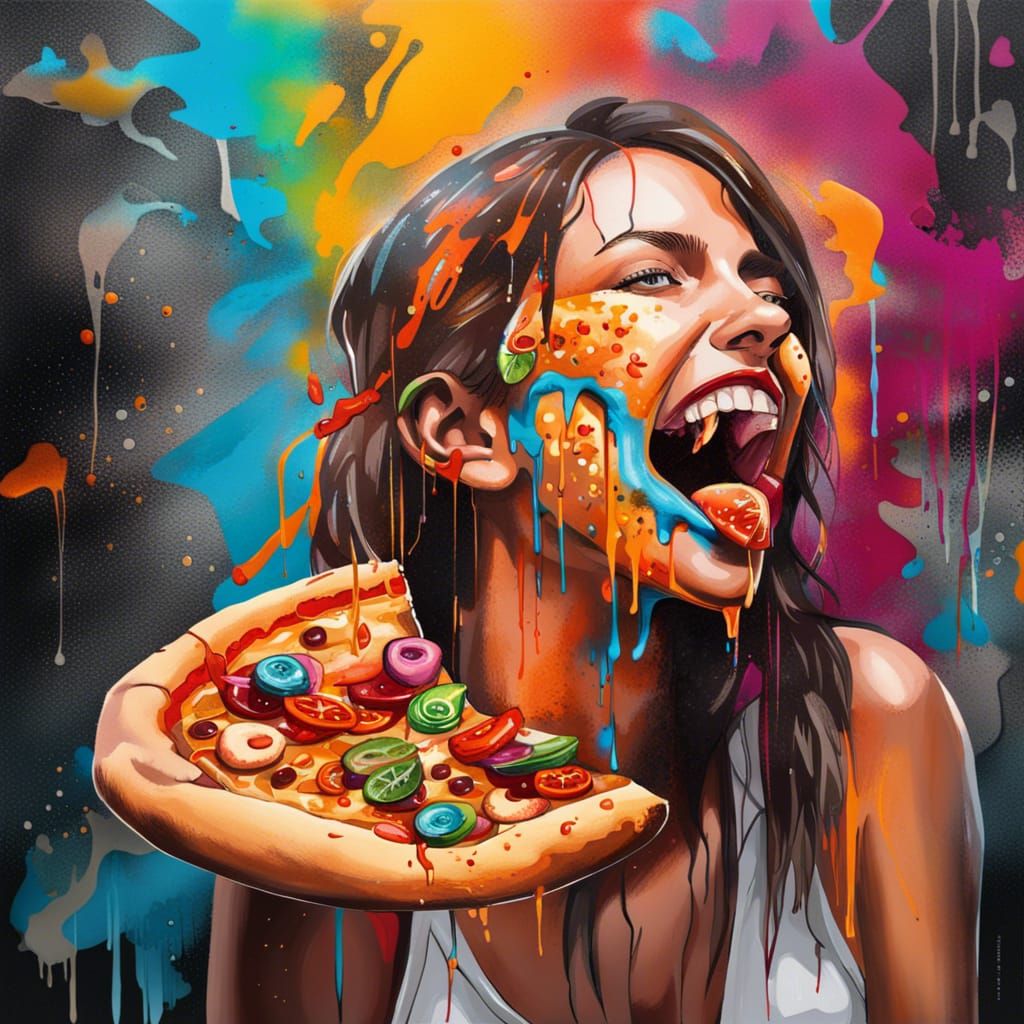 Colorful Graffiti Art of Happy Woman Eating Pizza