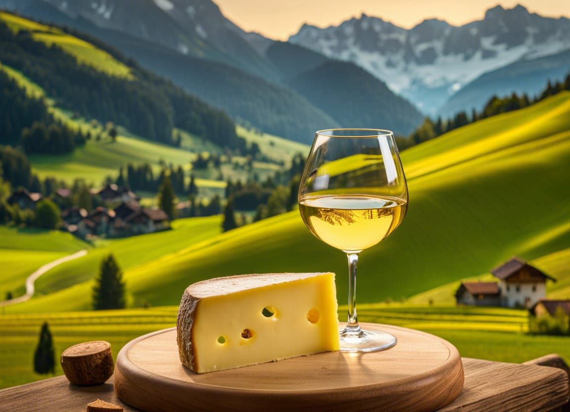 Swiss Gruyere and White Wine in Alpine Setting